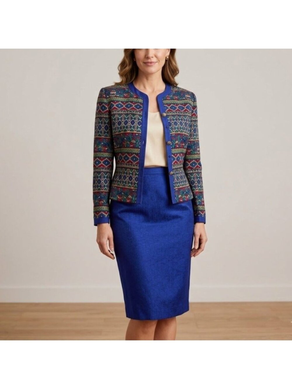 Vintage Adrianna Papell Size 14 Blue Printed Silk 2 Piece Jacket Skirt Suit Set